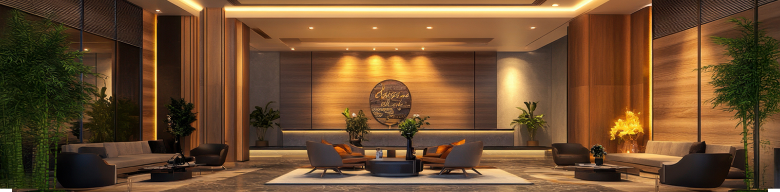 Luxurious hotel lobby with warm lighting, beige sofas, and a central circular seating arrangement around low coffee tables.