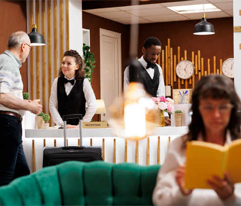Hotel reception: two staff in vests with bow ties assist guests at the counter; a suitcase sits nearby.