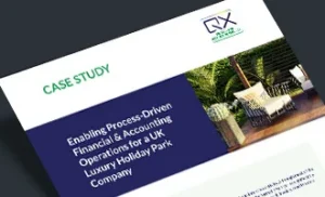 Tilted case study slide with a blue headline panel reading 'Enabling Process-Driven Financials...'; shows a lounge photograph and a green 'CASE STUDY' label at top left.