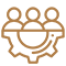 Icon representing teamwork: three figures above a circular emblem symbolizing collaboration and community.