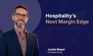 Smiling man in a suit on the left with the event title 'Hospitality's Next Margin Edge' on a dark blue geometric background.