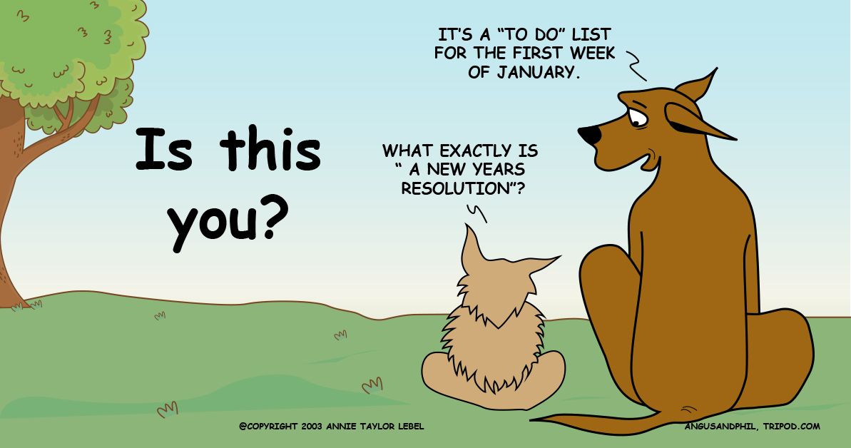 Angus & Phil Comic that points out that commitment to new year resolutions last for less than a week