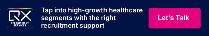 Banner ad for QX Recruitment Services: dark blue background, logo on left, headline about healthcare recruitment support, pink 'Let's Talk' button