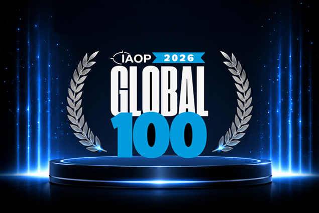 IAOP Global 100 2026 logo with laurel wreaths on a glowing blue stage.