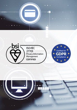 Montage showing cybersecurity icons: a card icon, BSI ISO/IEC 27001 Privacy Management Certified badge, a GDPR certification badge, and a computer monitor icon.