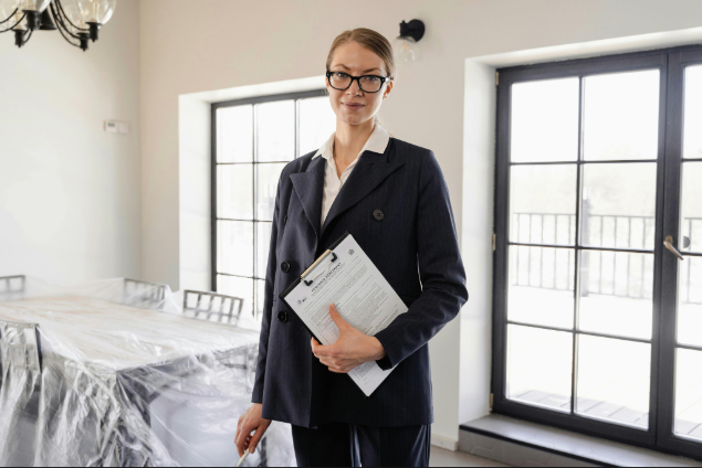 Professional woman in a dark blazer holds a clipboard in a bright, modern office with large windows.