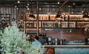 Bar interior with shelves of liquor, warm hanging lamps, a couple seated at the counter, and a leafy plant in the foreground.