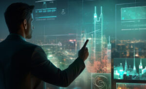 Businessperson in a dark suit interacts with a holographic cityscape and data panels on a transparent wall.