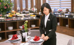Female server in a black suit sets a table with wine, glassware, and red napkins in a dining room. (informative)