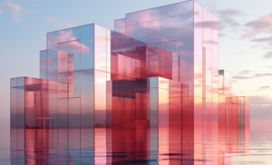 Pink glass cube structures rising from calm water at sunset, reflecting in the surface per the sky's warm tones.