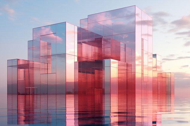Pink glass cube structures rising from calm water at sunset, reflecting in the surface per the sky's warm tones.