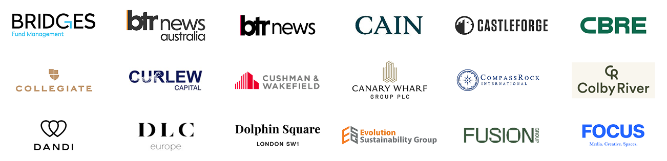 Grid of company logos arranged in a grid: Bridges Fund Management, BTR News Australia, BTR News, CAIN, Castleforge, CBRE, Collegiate, Curlew Capital, Cushman & Wakefield, Canary Wharf Group, CompassRock International, Colby River, Dandi, DLC Europe, Dolphin Square, Evolution Sustainability Group, Fusion, Focus.