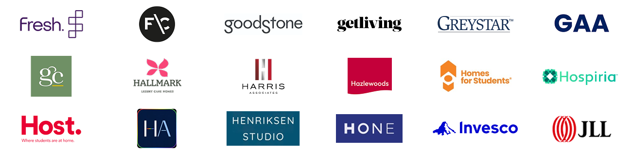 Grid of partner logos on white tiles (e.g., Fresh, getliving, Greystar, GAA, Hallmark, Harris Associates, Hazlewoods, Homes for Students, Hospiria, Host., Invesco, JLL, and others).