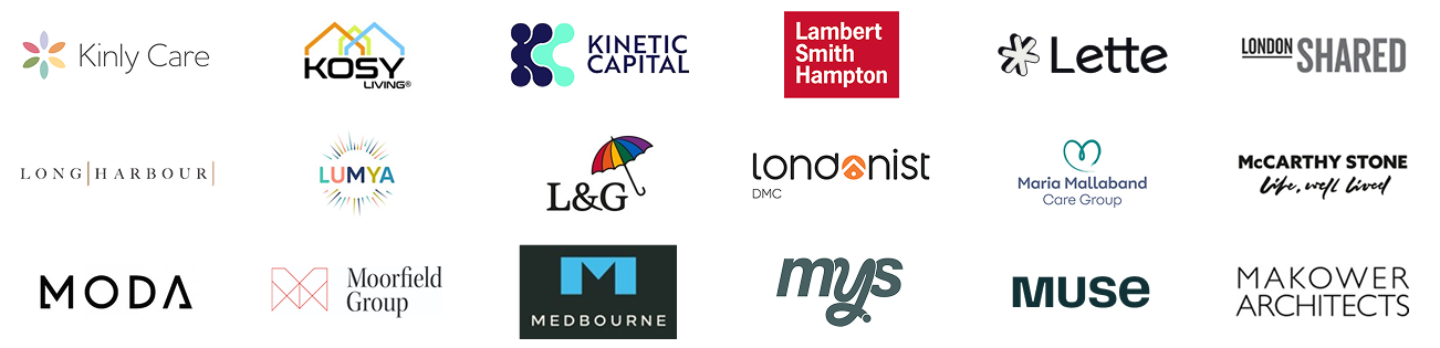 Grid of partner logos for care, property, and architectural firms (Kinly Care, Kosy Living, Kinetic Capital, Lambert Smith Hampton, Lette, London Shared, Long Harbour, Lumya, L&G, Londonist DMC, Maria Mallaband Care Group, McCarthy Stone, Moda, Moorfield Group, Medbourne, mys, Muse, Makower Architects)