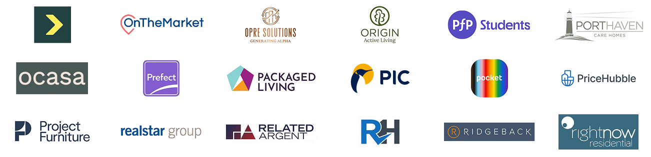 Partner logo grid: first tile a dark square with a yellow chevron; OnTheMarket logo; OPR Solutions Generating Alpha logo; Origin Active Living logo; PFP Students logo; Porthaven Care Homes logo.