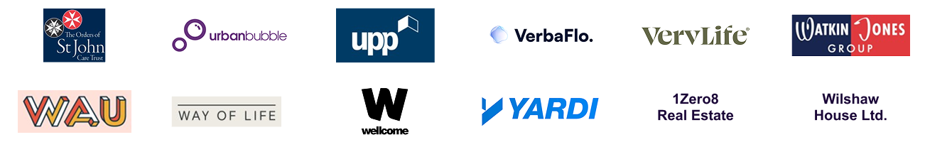 Grid of 12 partner logos: The Orders of St John Care Trust, urbanbubble, upp, VerbaFlo, VervLife, Watkins Jones Group, WAU, Way of Life, Wellcome, Yardi, 12Zero8 Real Estate, Wilshaw House Ltd.