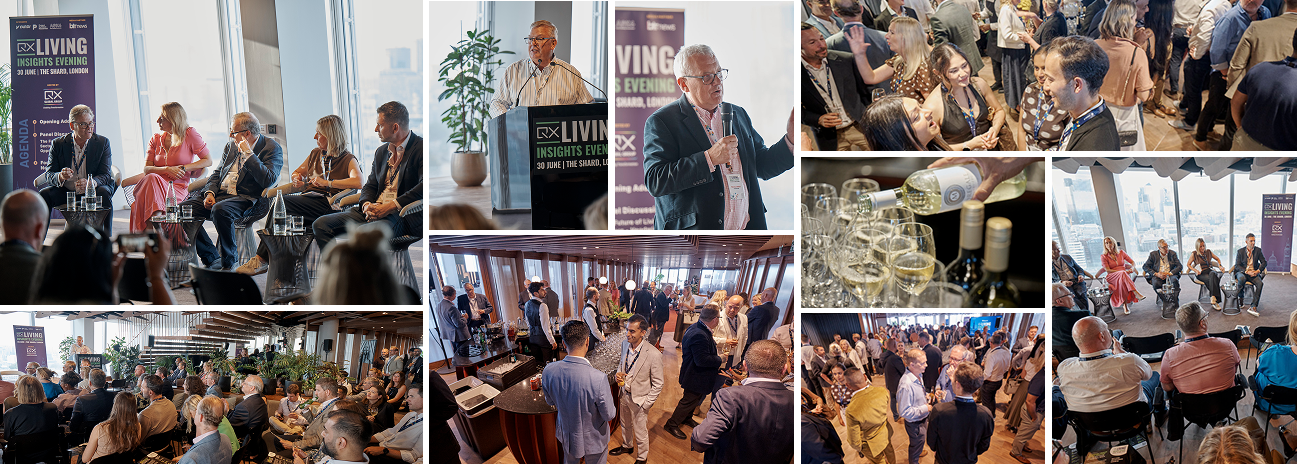 Collage of a business conference: panelists and a speaker at a podium, attendees networking, and refreshments with a city skyline in the background.