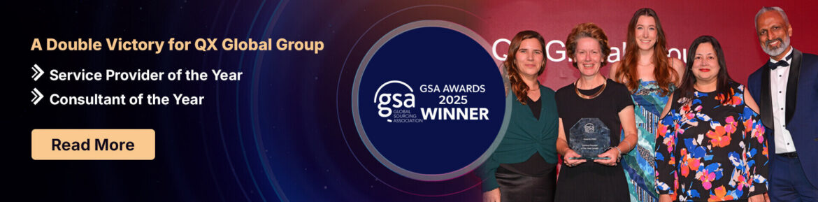 Banner announcing QX Global Group wins: 'Service Provider of the Year' and 'Consultant of the Year' with a 'Read More' button and a group award photo on the right.