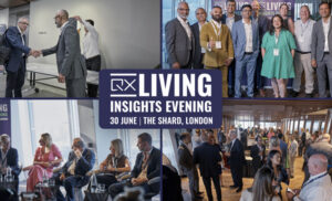 Collage from QX LIVING Insights Evening in London, showing a handshake, a group photo, and attendees networking around the event branding in The Shard.