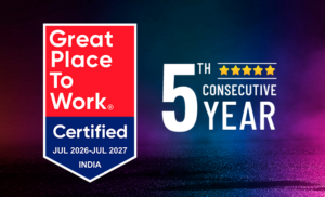 Great Place To Work Certified badge, July 2026–July 2027, India, next to '5th consecutive year' with five stars on a blue–pink gradient background.