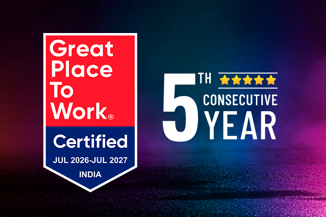 Great Place To Work Certified badge, July 2026–July 2027, India, next to '5th consecutive year' with five stars on a blue–pink gradient background.