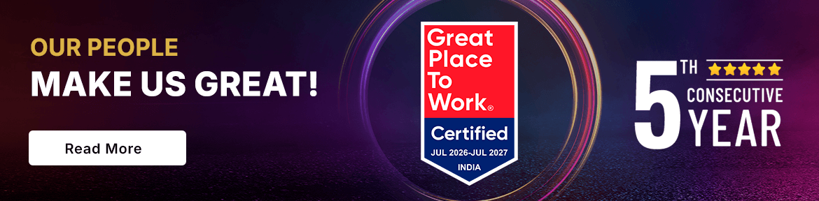 Promotional banner celebrating employees: 'Our People Make Us Great!' with a 'Read More' button and a Great Place To Work Certified badge beside a 5th consecutive year mark on a dark purple background.