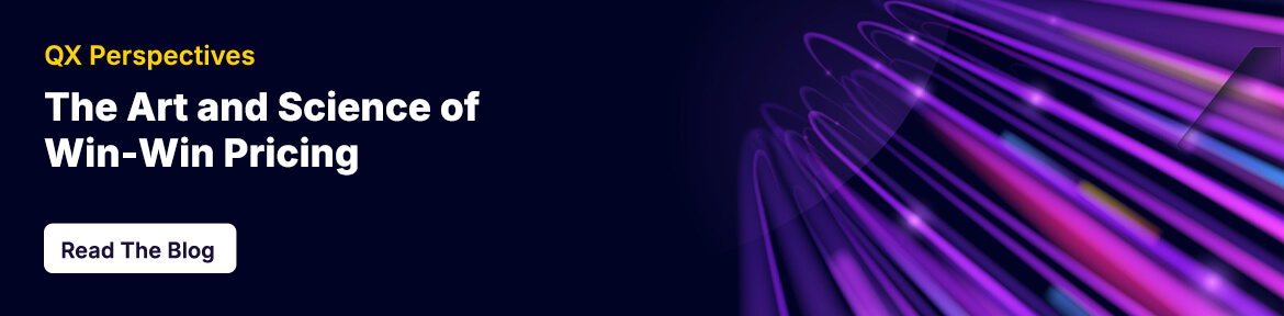 Hero banner for QX Perspectives: 'The Art and Science of Win-Win Pricing' with a 'Read The Blog' button on a dark blue background and purple light trails on the right