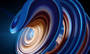 Abstract 3D blue and copper spiral rings conveying motion and energy.