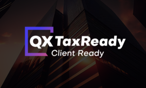QX TaxReady logo with 'Client Ready' tagline over a dark cityscape background (corporate branding). and the blue-purple frame visible left of text.