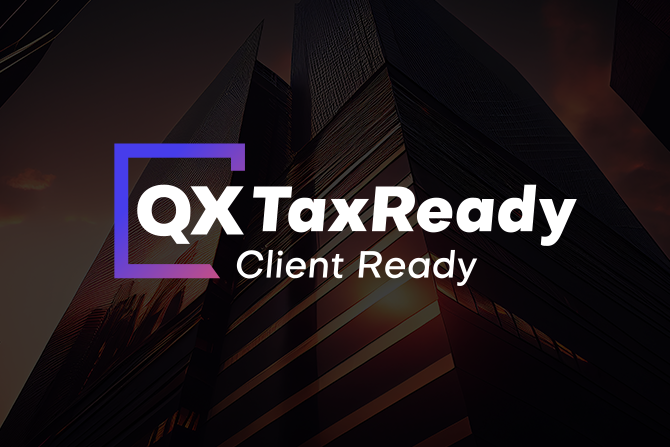 QX TaxReady logo with 'Client Ready' tagline over a dark cityscape background (corporate branding). and the blue-purple frame visible left of text.