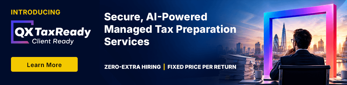 QX TaxReady hero banner: Secure, AI-powered managed tax preparation services with a man at a desk looking toward a neon-framed cityscape and a Learn More button