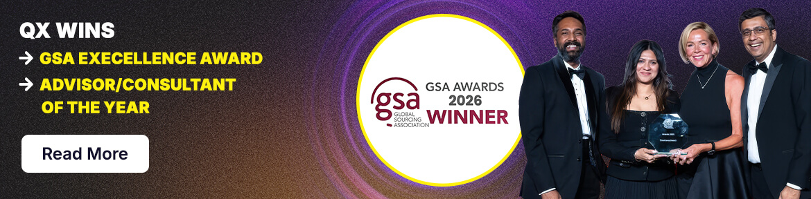 Banner announcing QX wins GSA Excellence Award 2026 for Advisor/Consultant of the Year, with a group of suited professionals and a Read More button.